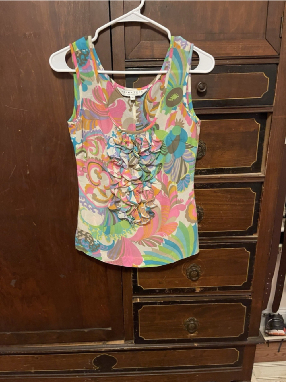 Trina Turk Multicolor 100% Silk Ruffle Sleeveless Scoop Neck Blouse Petite P